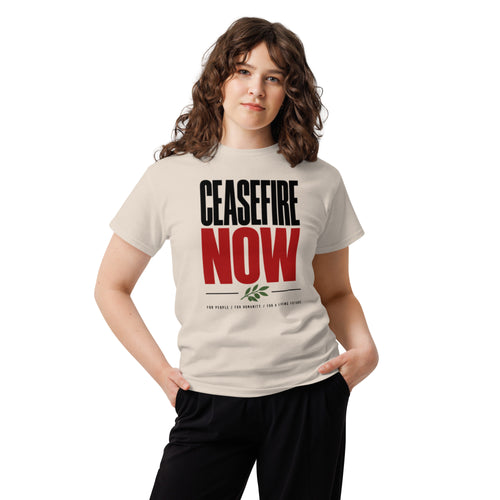 Model wearing the natural-color Ceasefire Now T-shirt