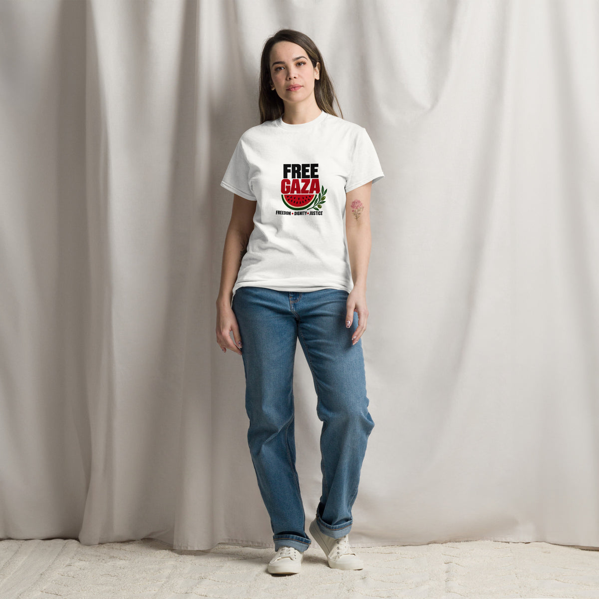 Full-length model wearing the white Free Gaza budget T-shirt