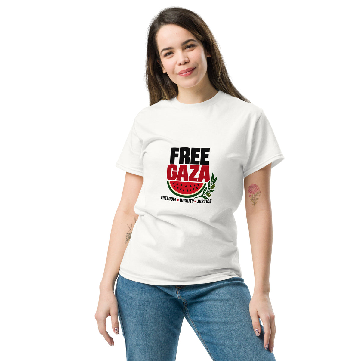 Model wearing the white Free Gaza budget T-shirt, studio front view