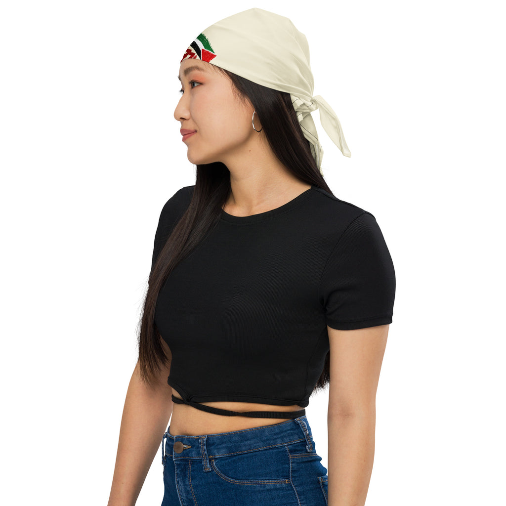 Supplier mockup of a model wearing the large cream Free Palestine bandana as a headscarf