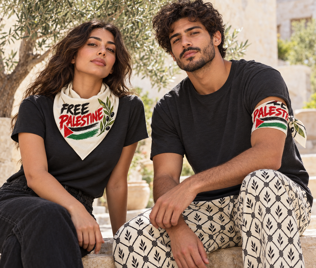 Illustrative model mockup of Free Palestine bandana tied as a neck scarf and upper-arm bandana