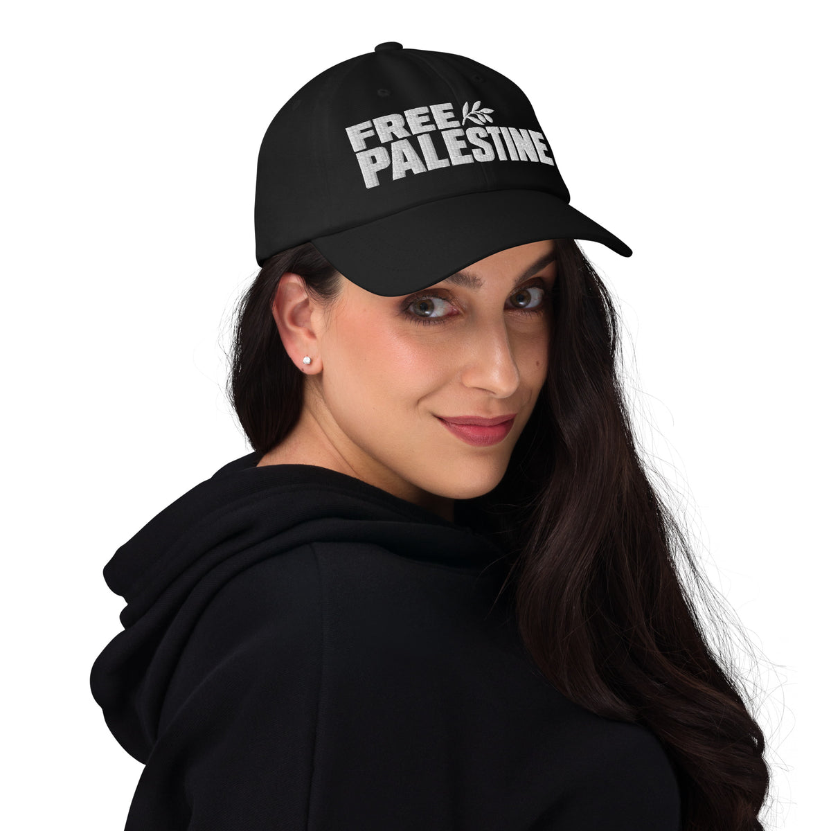 Model wearing the black embroidered Free Palestine cap