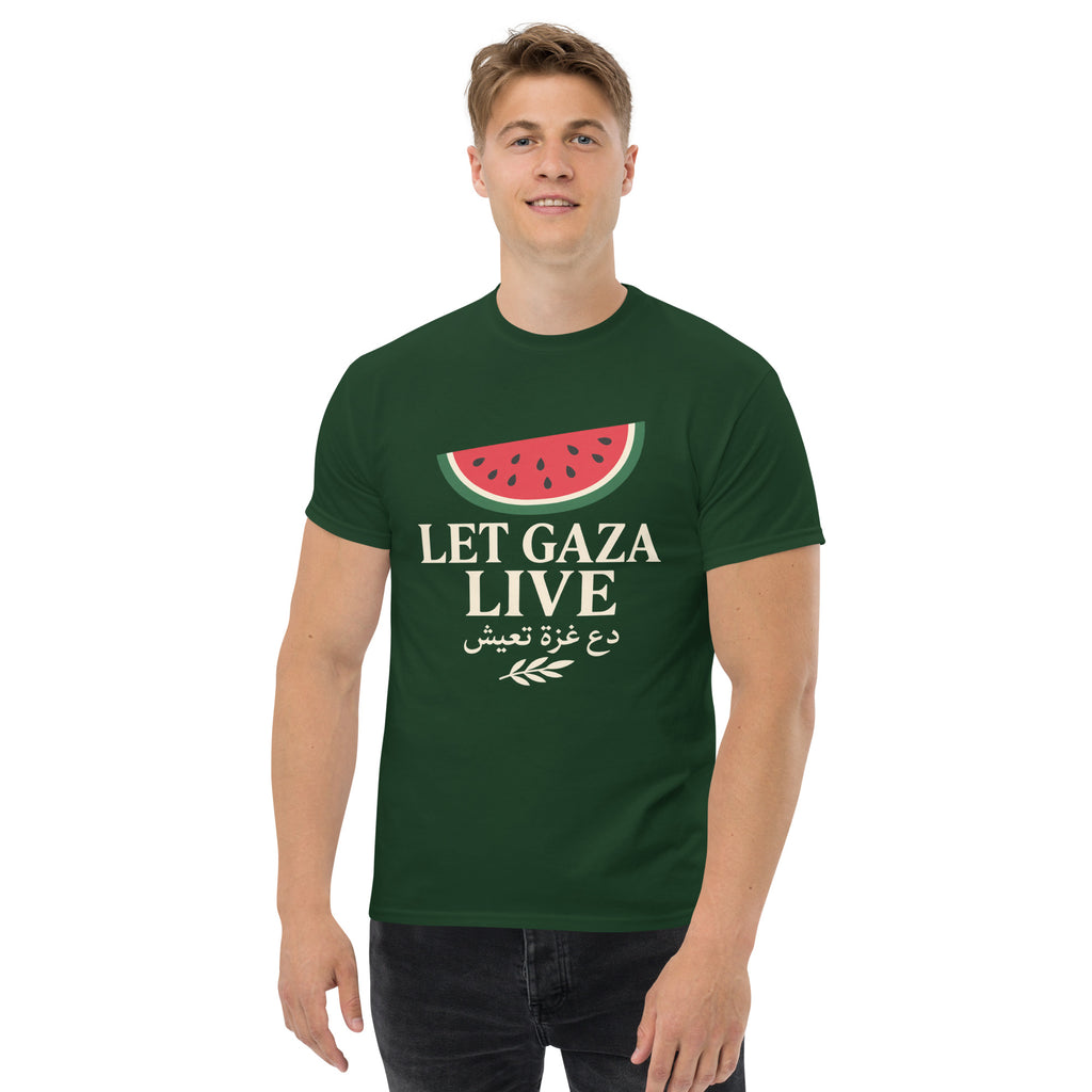 Model wearing the forest green Let Gaza Live T-shirt