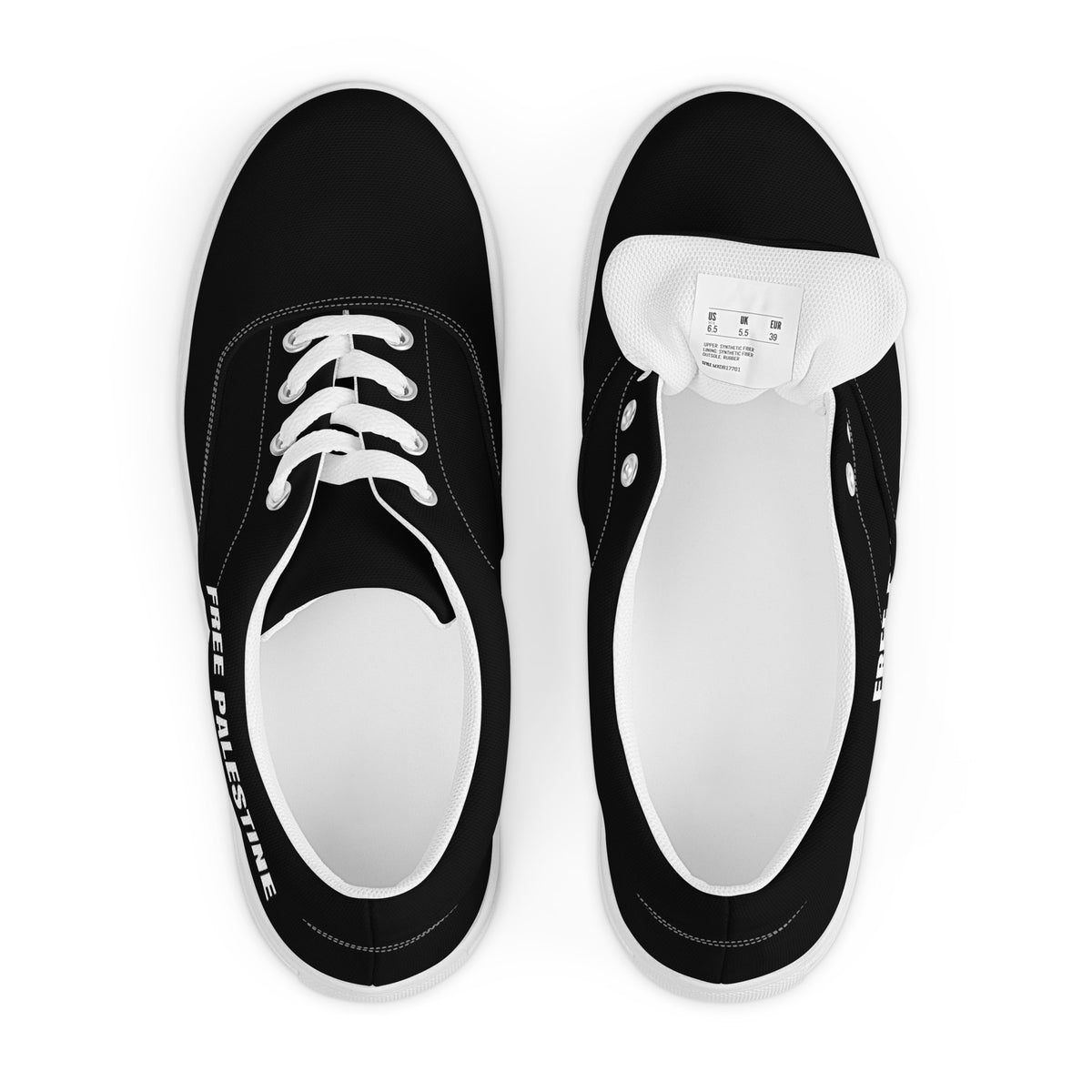 Black Free Palestine sneakers, top and insole view