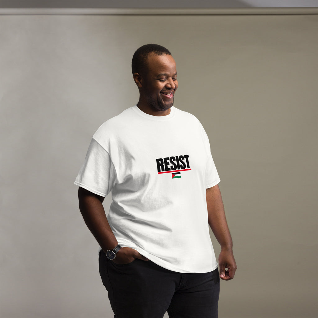 Model wearing the white RESIST Palestine solidarity T-shirt