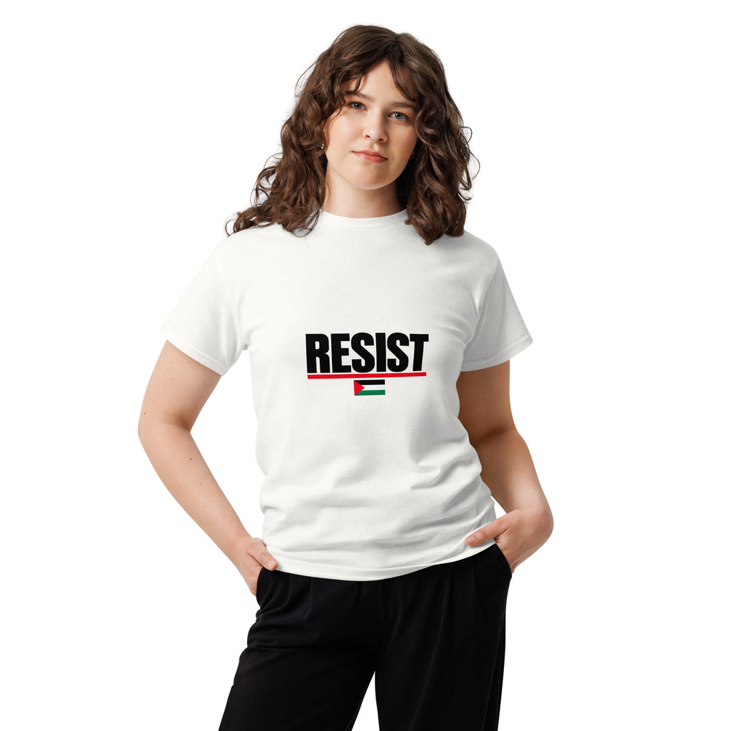 Model wearing the white RESIST T-shirt, front view