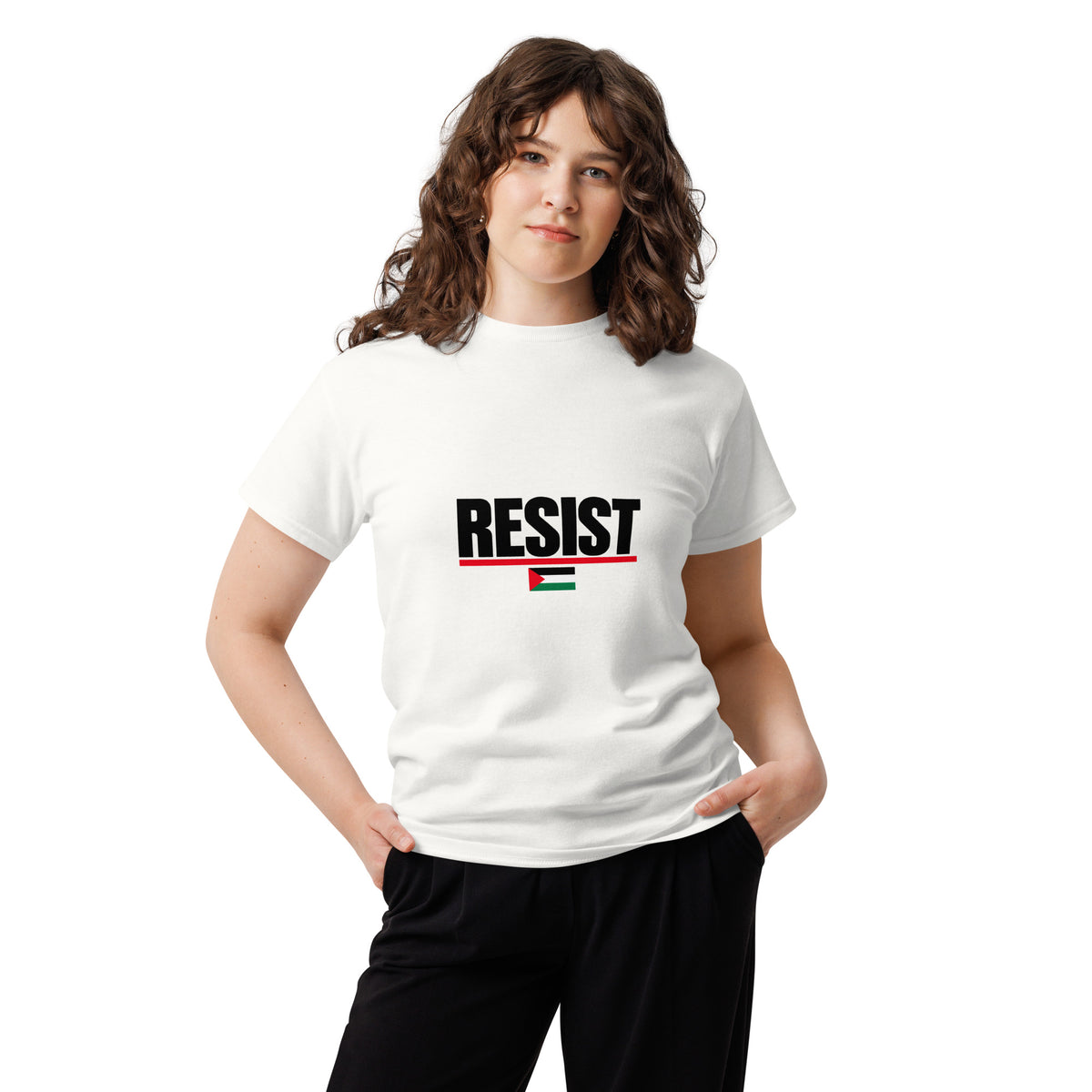 Model wearing the white RESIST T-shirt, front view
