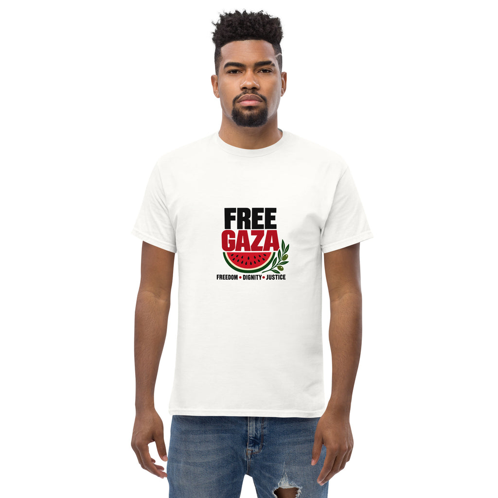 Adult model wearing the white Free Gaza budget T-shirt