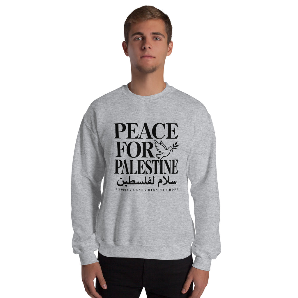 Adult model wearing the Peace for Palestine grey crewneck sweatshirt