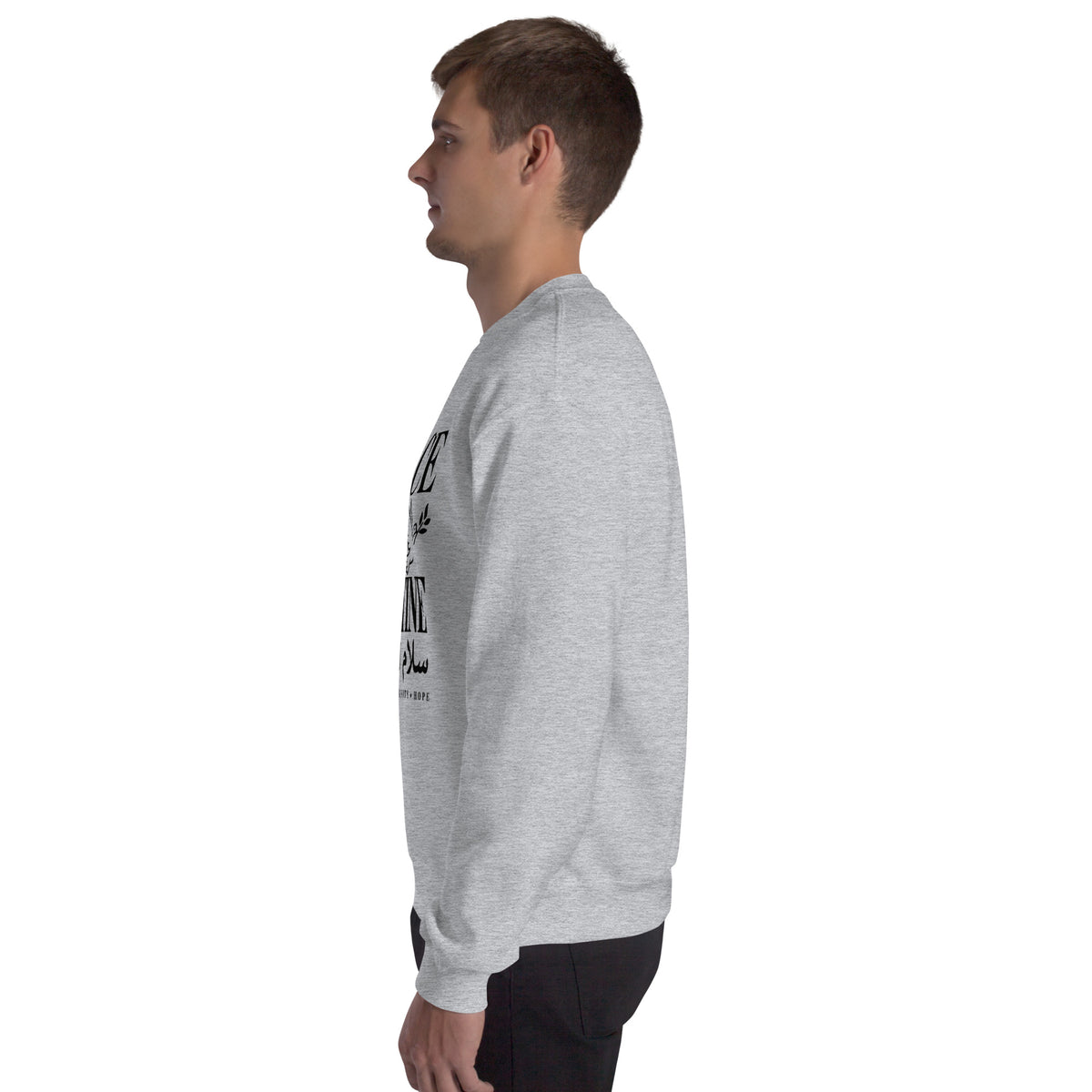 Peace for Palestine grey crewneck sweatshirt, left side product view
