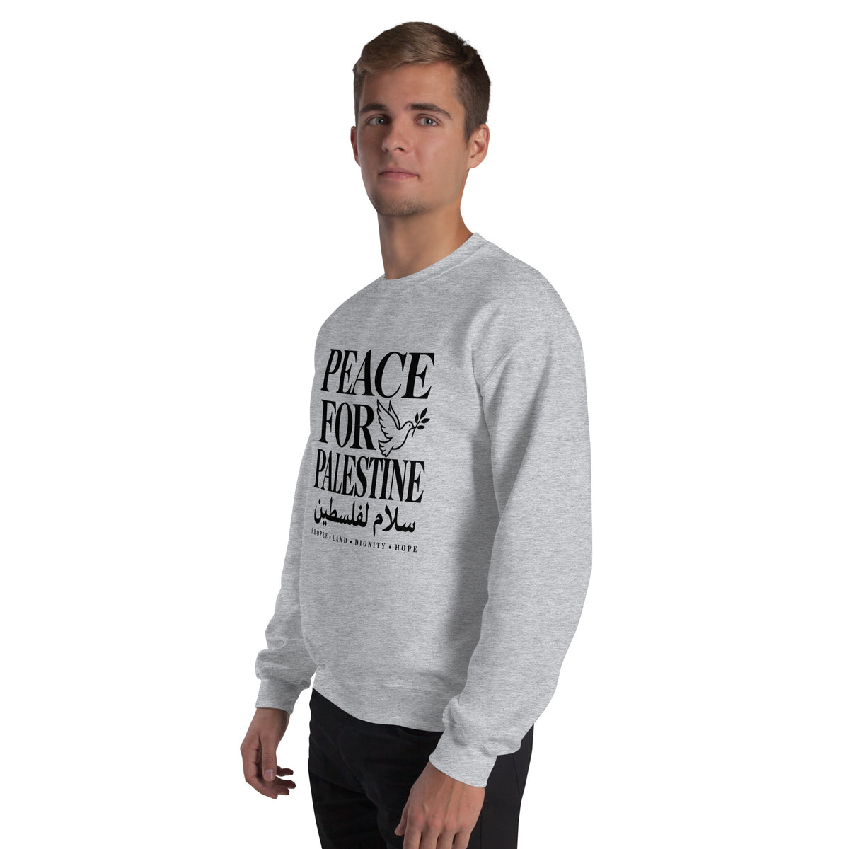 Peace for Palestine grey crewneck sweatshirt, front left product view