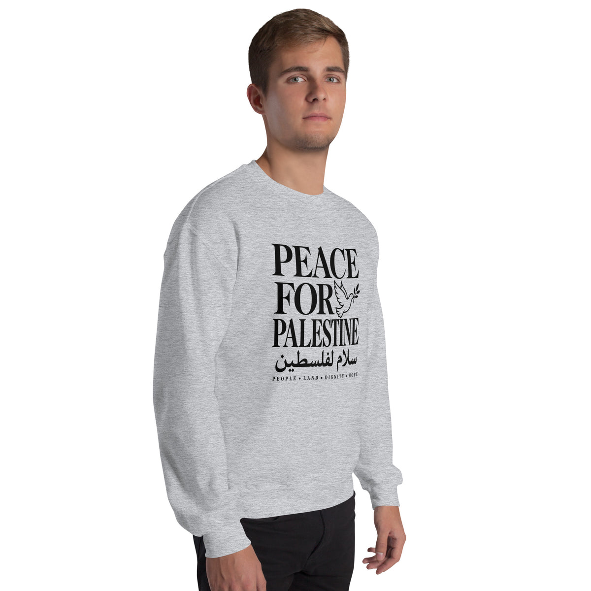 Peace for Palestine grey crewneck sweatshirt, front right product view