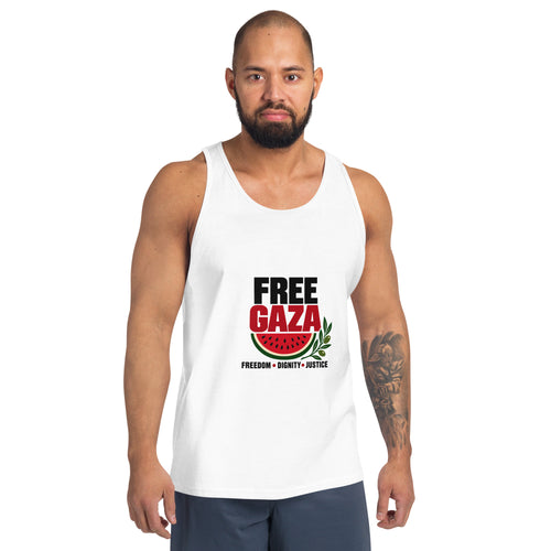 Adult model wearing the white Free Gaza tank top