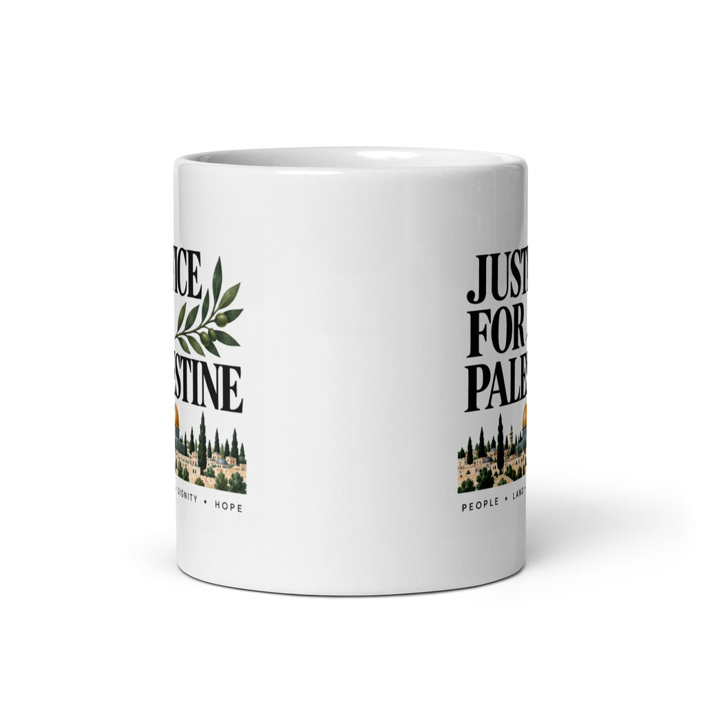Justice for Palestine white ceramic mug, front view