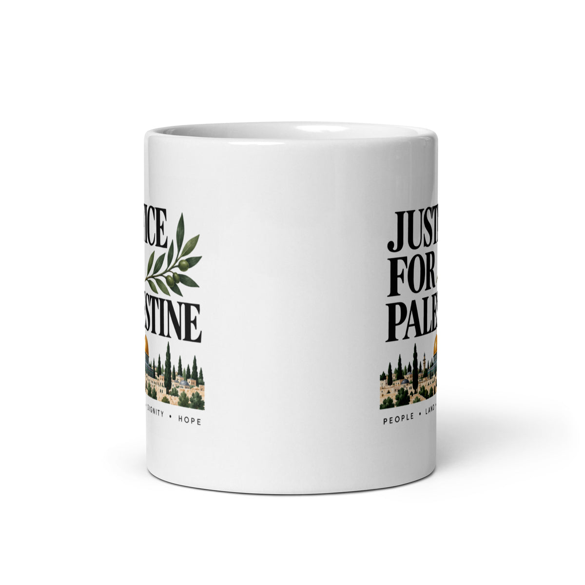 Justice for Palestine white ceramic mug, front view