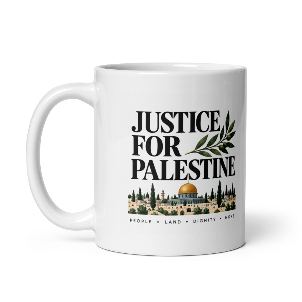 Justice for Palestine Mug — handle on left view
